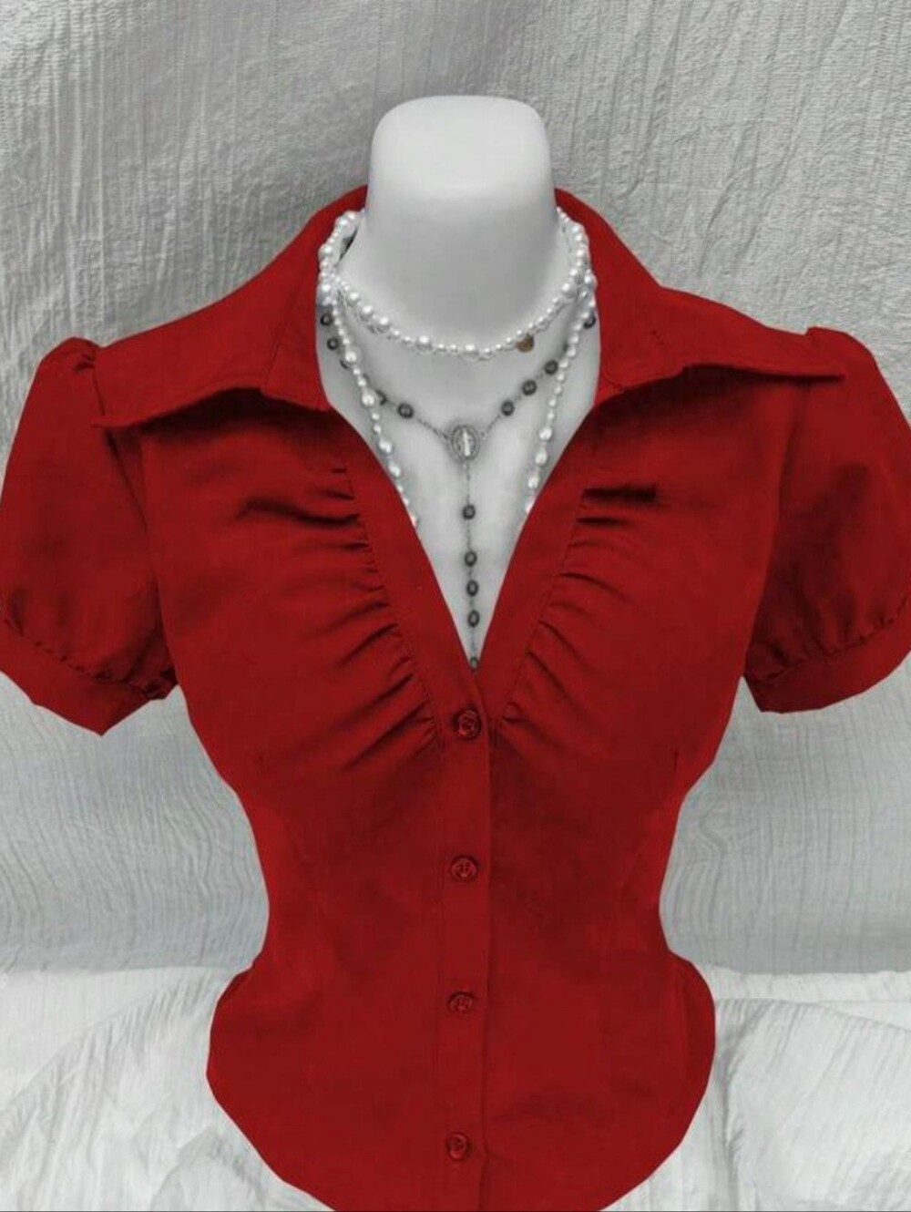 Women’s Red Button-Front Ruched Blouse